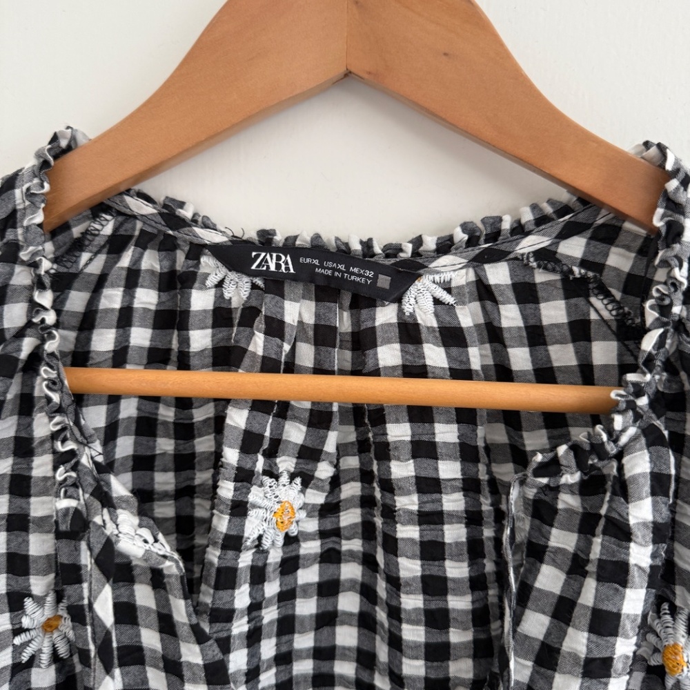 Zara Daisy Embroidered Checkered Tunic Dress with Ties XL - Picture 4 of 8